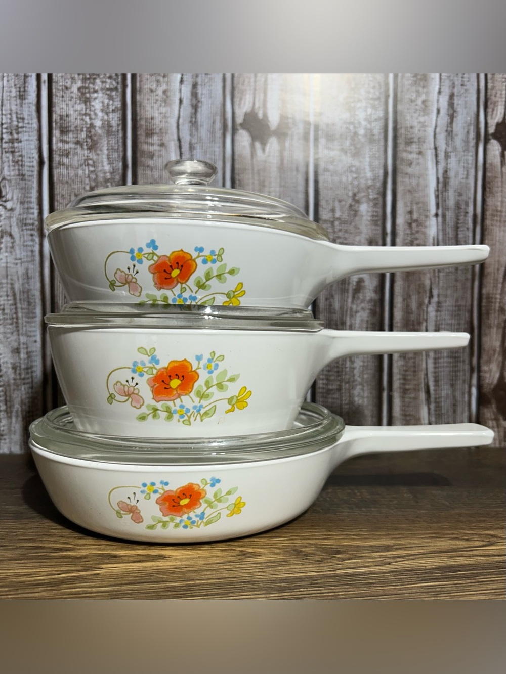 Vintage Corning Ware Set of 3 Pots - Pans Wildflower Pattern - all with lids